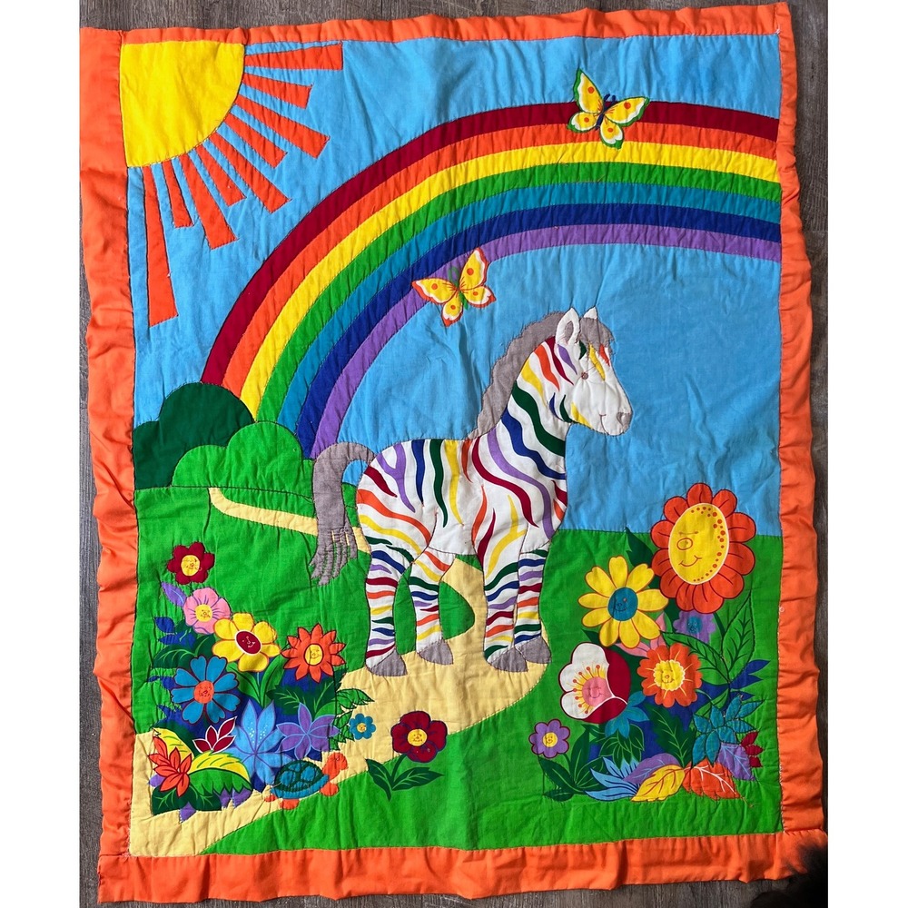 Vintage‎ Handmade Baby quilt Zebra Rainbows lap quilt crib bright colors